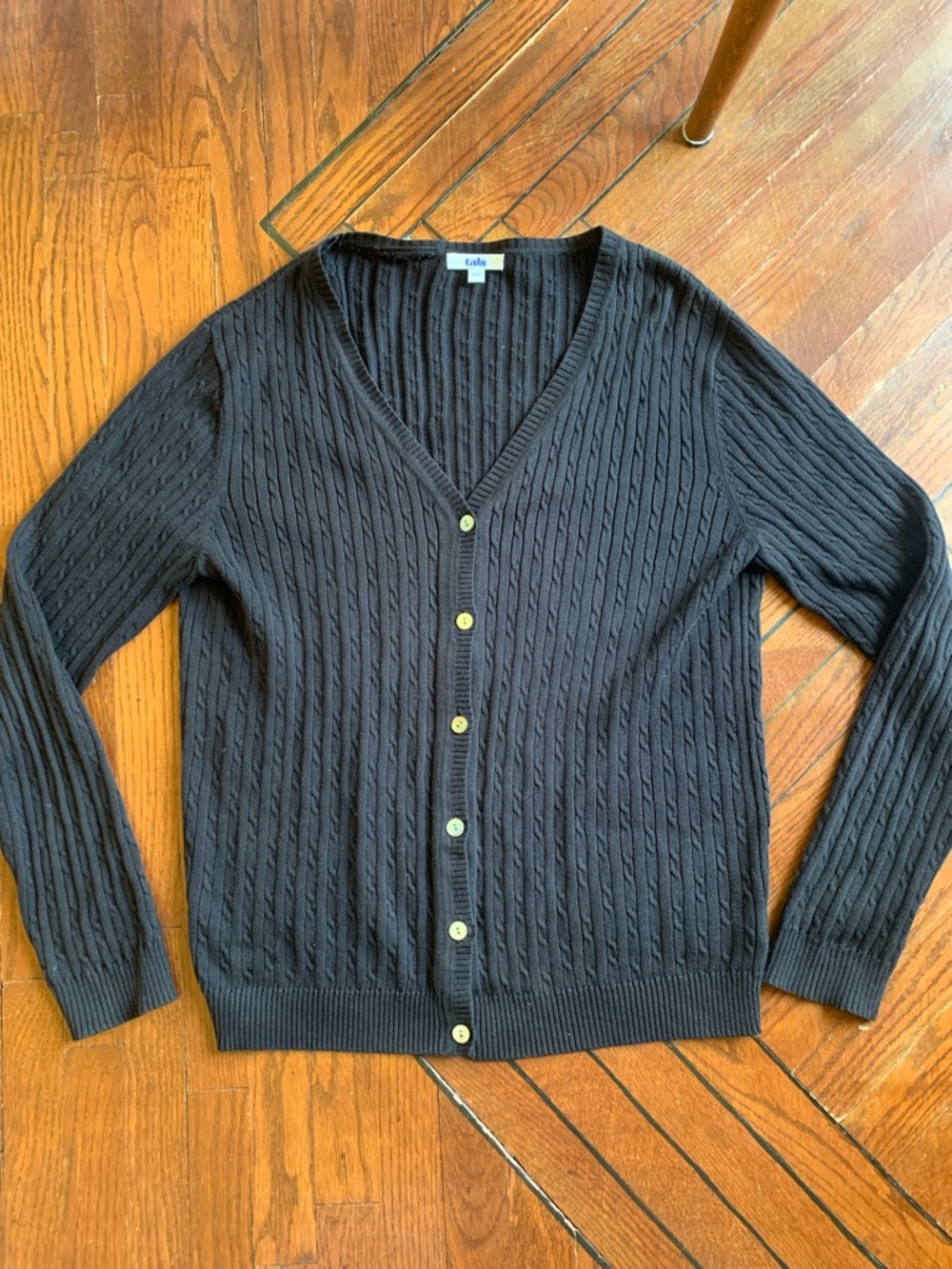 Black Cable Knit Tabi V Neck Cardigan Cotton Mother of Pearl Buttons